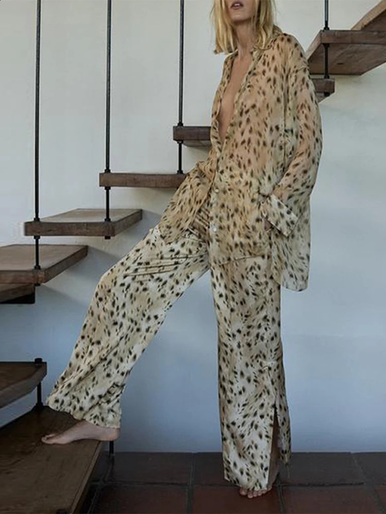 Leopard Turn-down Collar Women Shirt Sets Long Sleeve Single Breasted Lady Top Set Autumn Fashion Wide Leg Female Pant Suit 250319