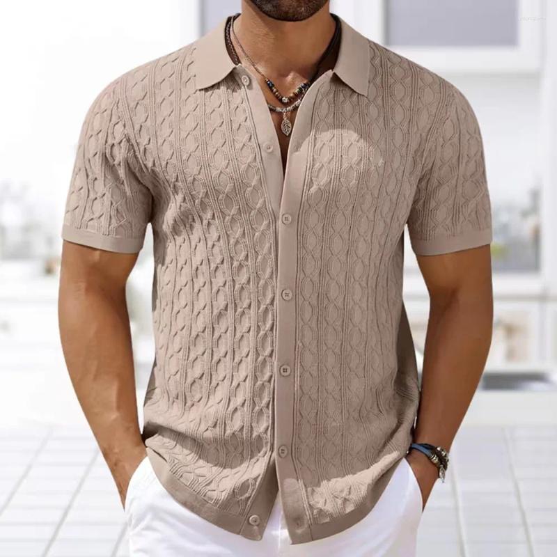 Mens Polos Spring Summer Knit Polo Shirt Men Casual Turn-down Collar Button Solid Geometric Pattern Top Ice Silk Tee Vintage Cardigan