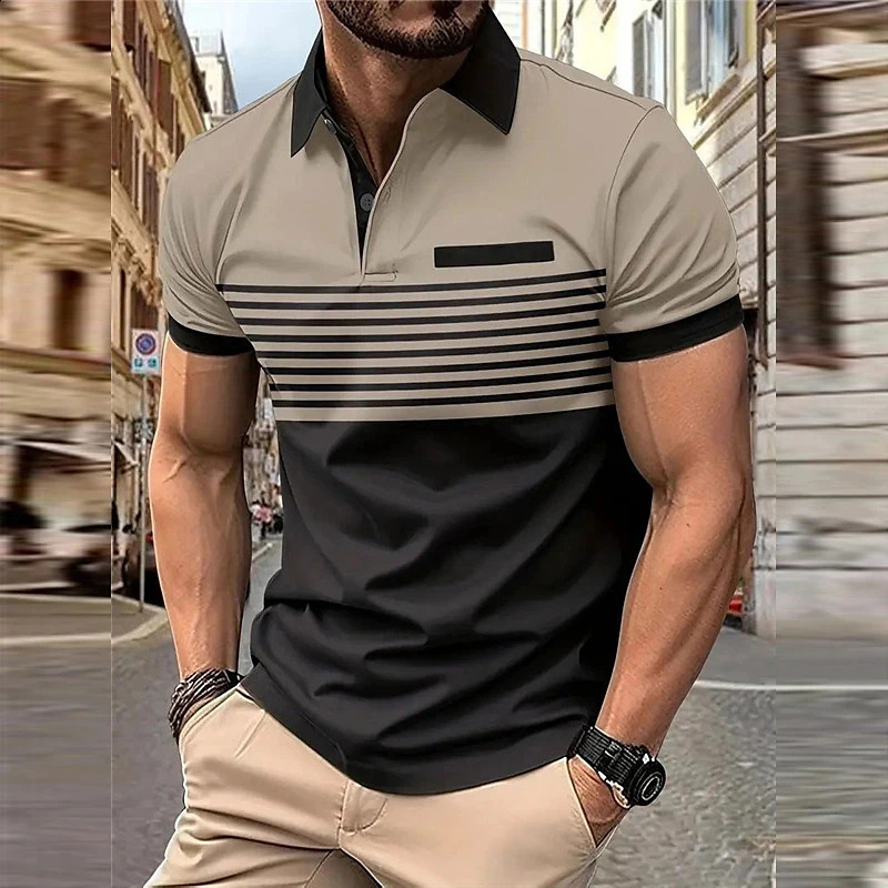 Business Mens Polo T Shirt Summer Short Sleeve Clothing Fashion Stripe Print Street Casual Buttons Tops Oversized Pullover 250319