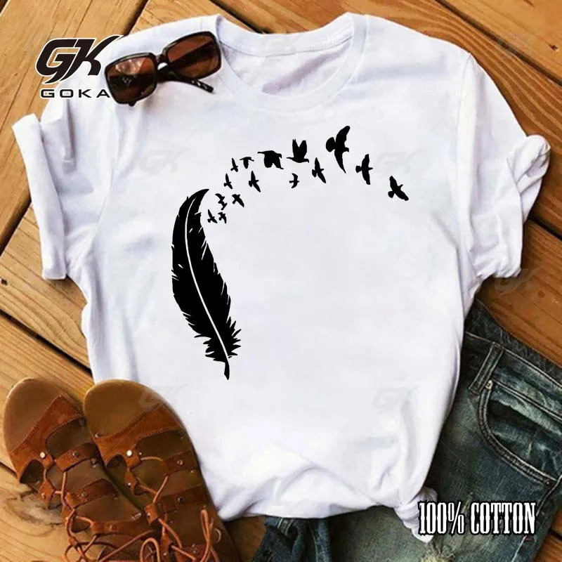 Fashion Birds Print Women Cotton T Shirt Loose Short Sleeve O Neck Hip Hop Ladies Tees Vintage Top Clothes Unisex Shirts 250311