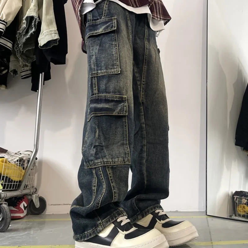 Mens patch work blue cargo jeans unisex straight casual mens multi pocket hip-hop streetwear 90s retro fashion pants 250317
