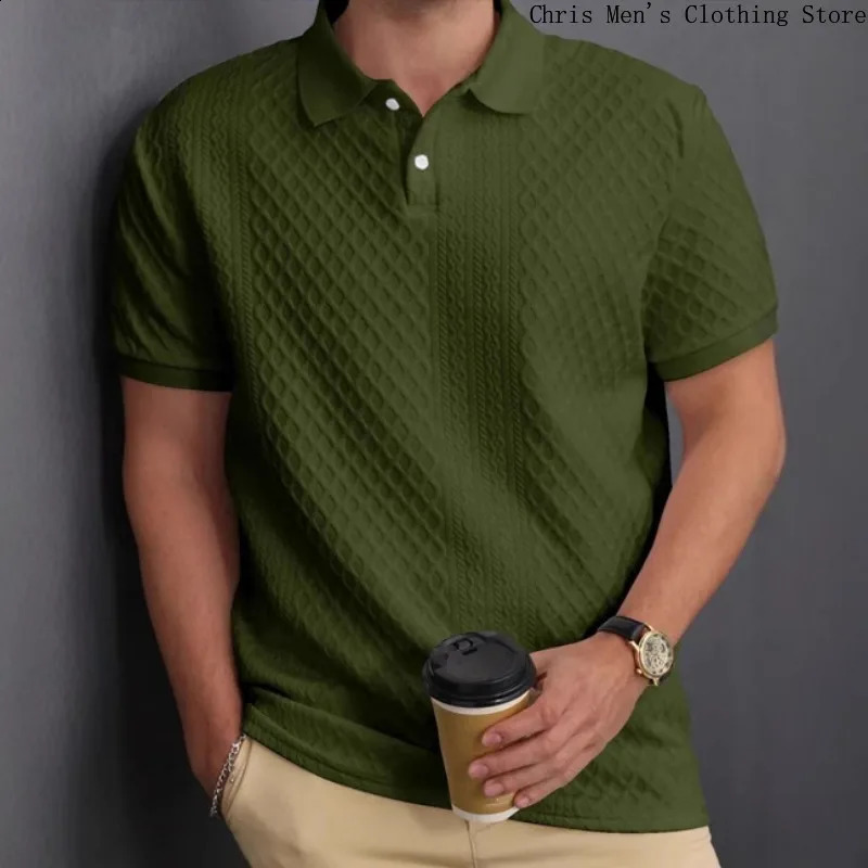 Mens golf jacquard lapel polo shirt solid color business mens polo shirt casual office mens clothing 250317
