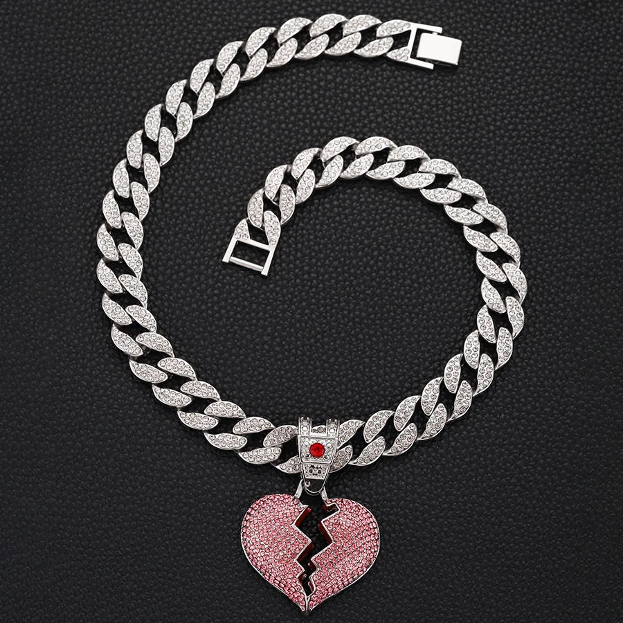 Iced out 15mm miami cuban chain jewelry alloy and rhinestone hip hop pink heart pendant necklace 250313