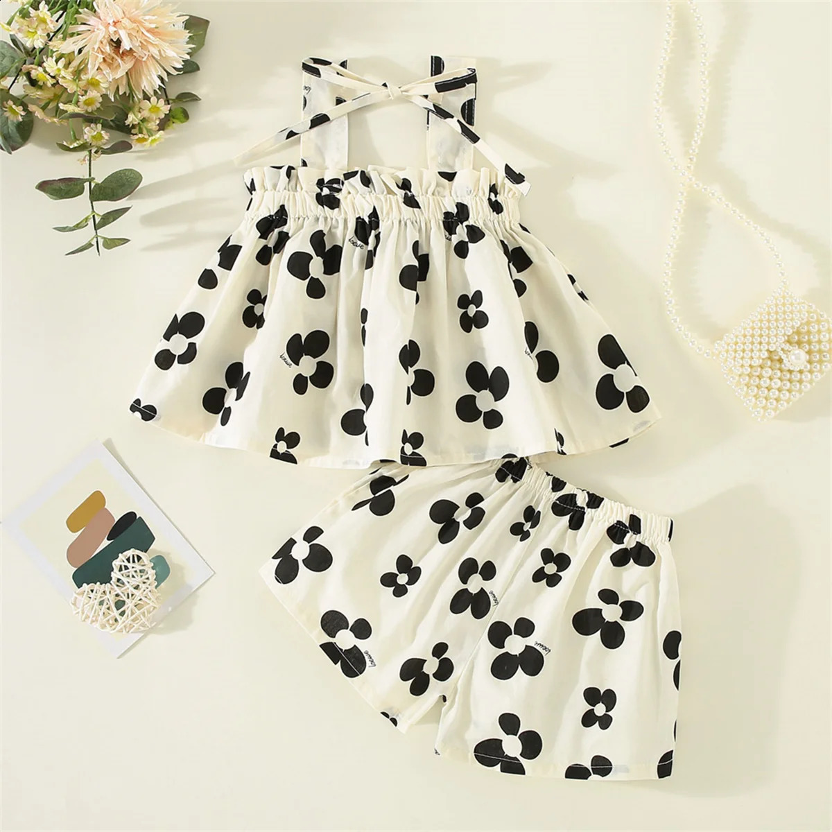 Cute printed bow decoration with top and bottom for preschool girls aged 03 in summer 2 piecesset 250319