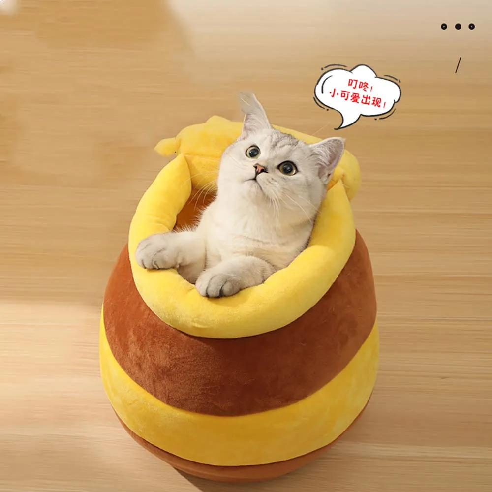 Cute cat bed plush cartoon warm pad basket honey can shaped cave pet house mini dog rabbit net 250312