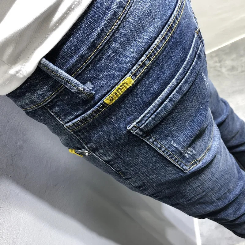 Trendy Mens Slimming Denim Jeans Springsummer Korean Style Washing Blue Tapered Pants For Social Youth 250312