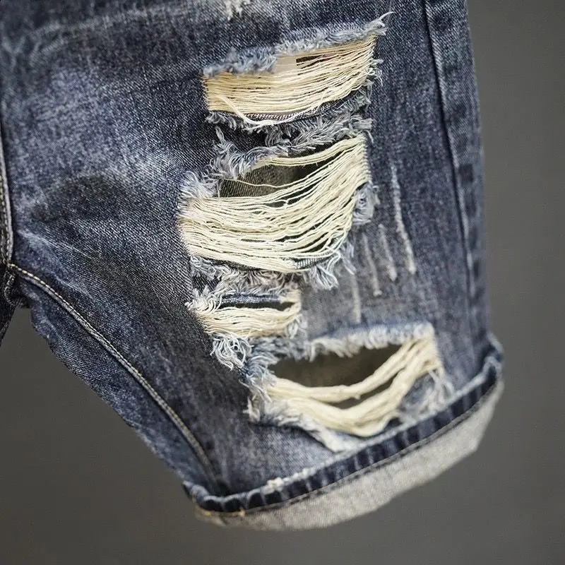 Fashion Vintage Korean Mens Summer Denim Shorts with Distressed Holes Slim Fit ner y Clothing Men 250317