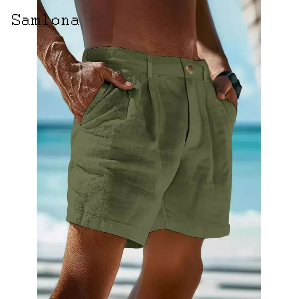 Mens Vintage Stand Pocket Cotton Linen Shorts 2024 European Style Casual Beach Short Pants Solid White Khaki Button Fly pants 250317