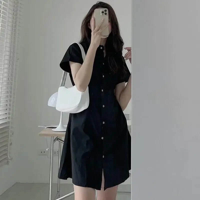 Korean summer simple and elegant lapel single chest waist slim fit short sleeved shirt style petite dress 250319