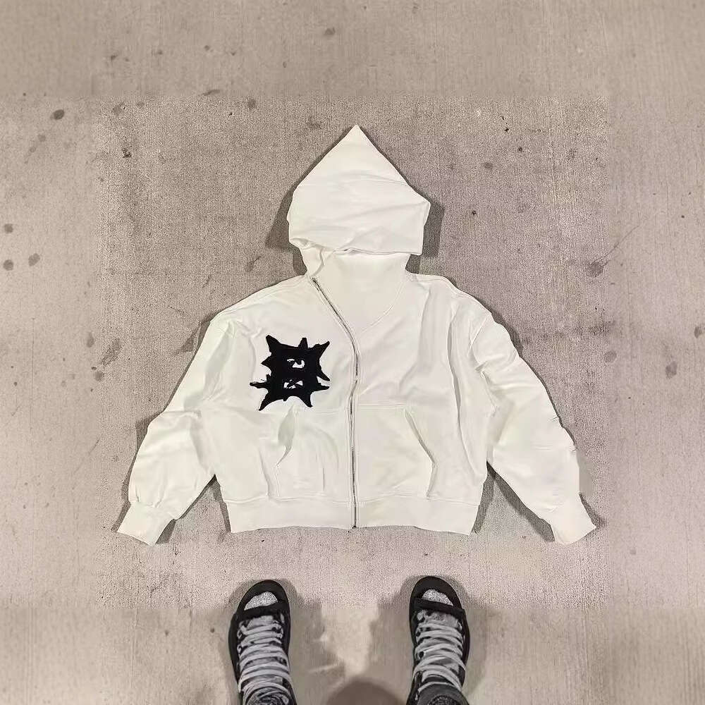 American street design, embroidered fabric hoodie, personalized irregular zipper, loose fitting unisex hoodie