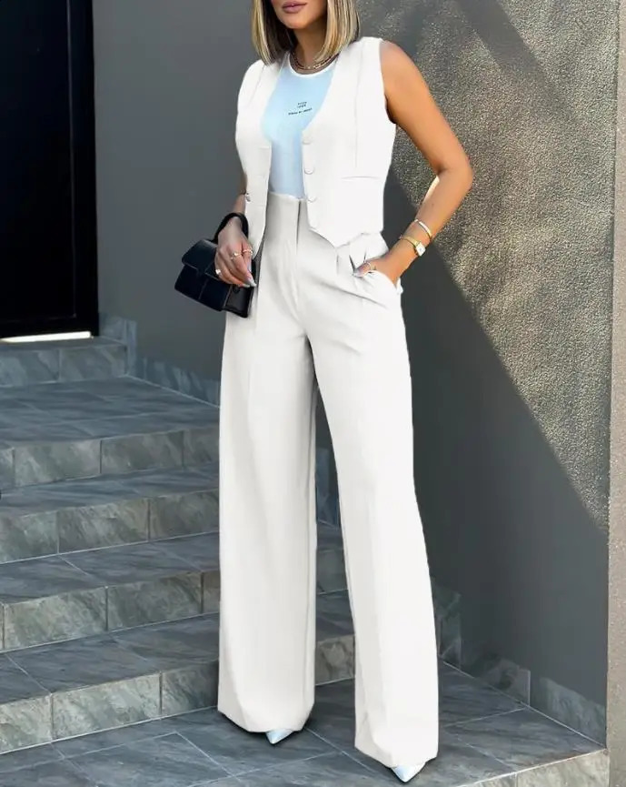 Pants Set Womens Wide Leg Two Piece Single Chest Veterinary Sleeveless High Waist Elegant Trouser Pocket Solid Coat 250319