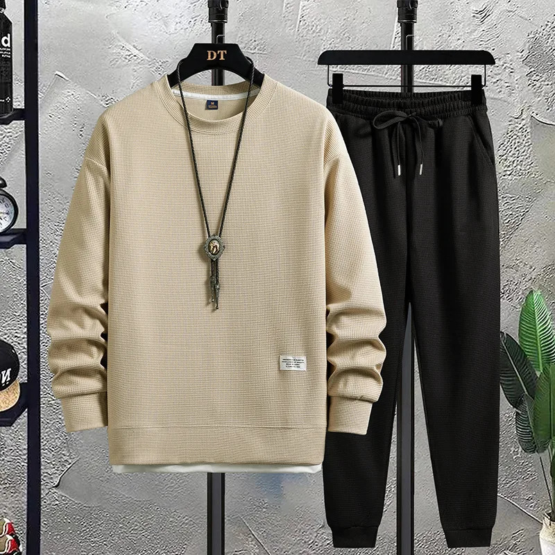 Mens Waffle Suit Sets Casual Long Sleeved Sweatshirt and Pants for Sports Tshirt Hoodie Trousers Set Loose Fit 250319