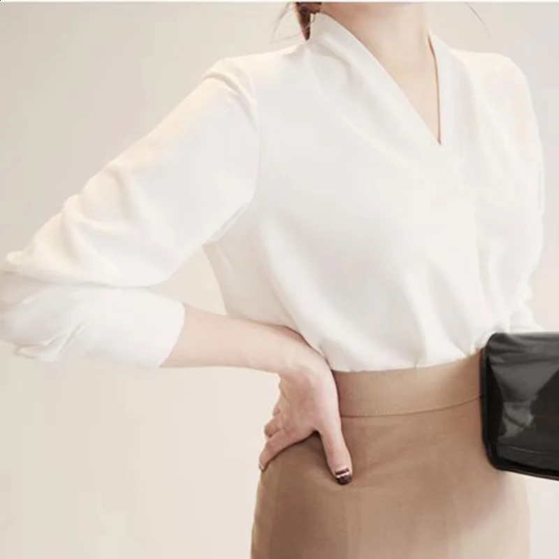 Korean Style Solid Color Vneck Half Sleeved Blouse Fashion Spring and Summer Thin Chiffon Shirt Elegant Office Lady Tops 9382 250312