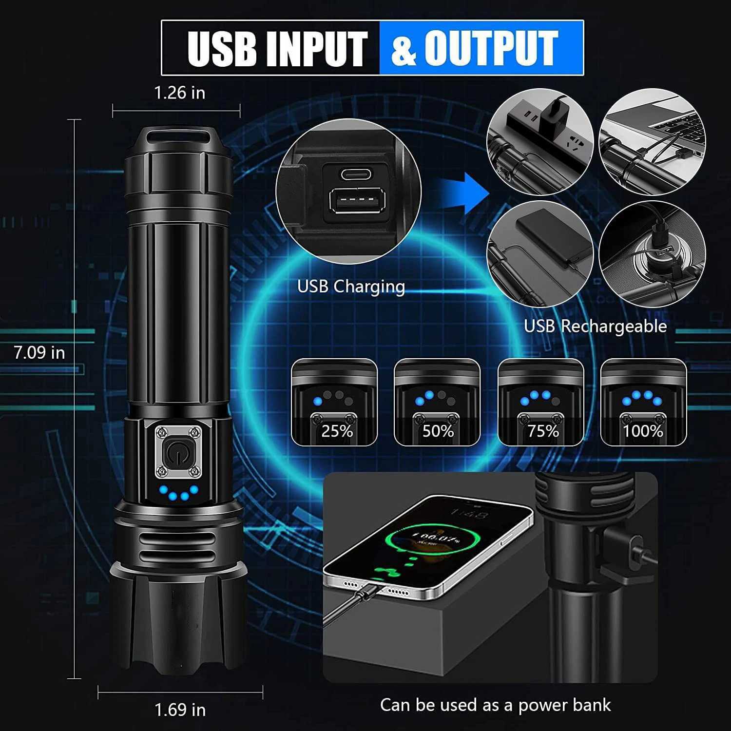 Rechargeable Flashlight d 950000 Lumen XHP70.2 Super Bright Flash Light High Powered Handheld Flashlights IP67 Waterproof W250319