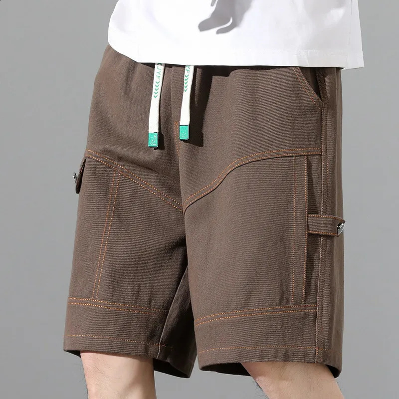Fashion elastic splicing straight denim shorts mens summer loose Korean high waisted knee casual shorts 250317