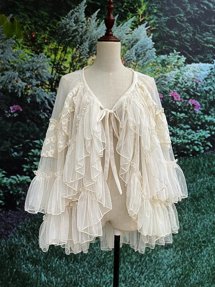 Gothic Lolita Lace Mesh Ruffles Fairy Princess Party Skirt Women Asymmetrical Cute Curtain Sheer Cover Up Thin Long Skirt White 250313