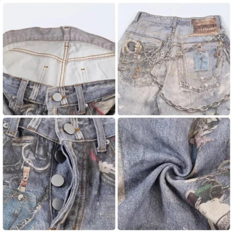 3D chain printed mens bag jeans casual straight denim pants high street wide legs Y2K blue 250319