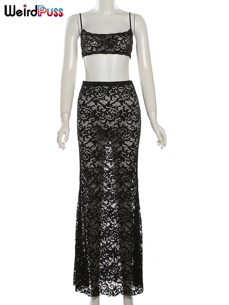 Weird Puss Sexy Mesh 2 Piece Set Women Hipster Midnight Summer Trend Mini CamisoleSkirts Stretch Nightclub Party Matching Suits 250319