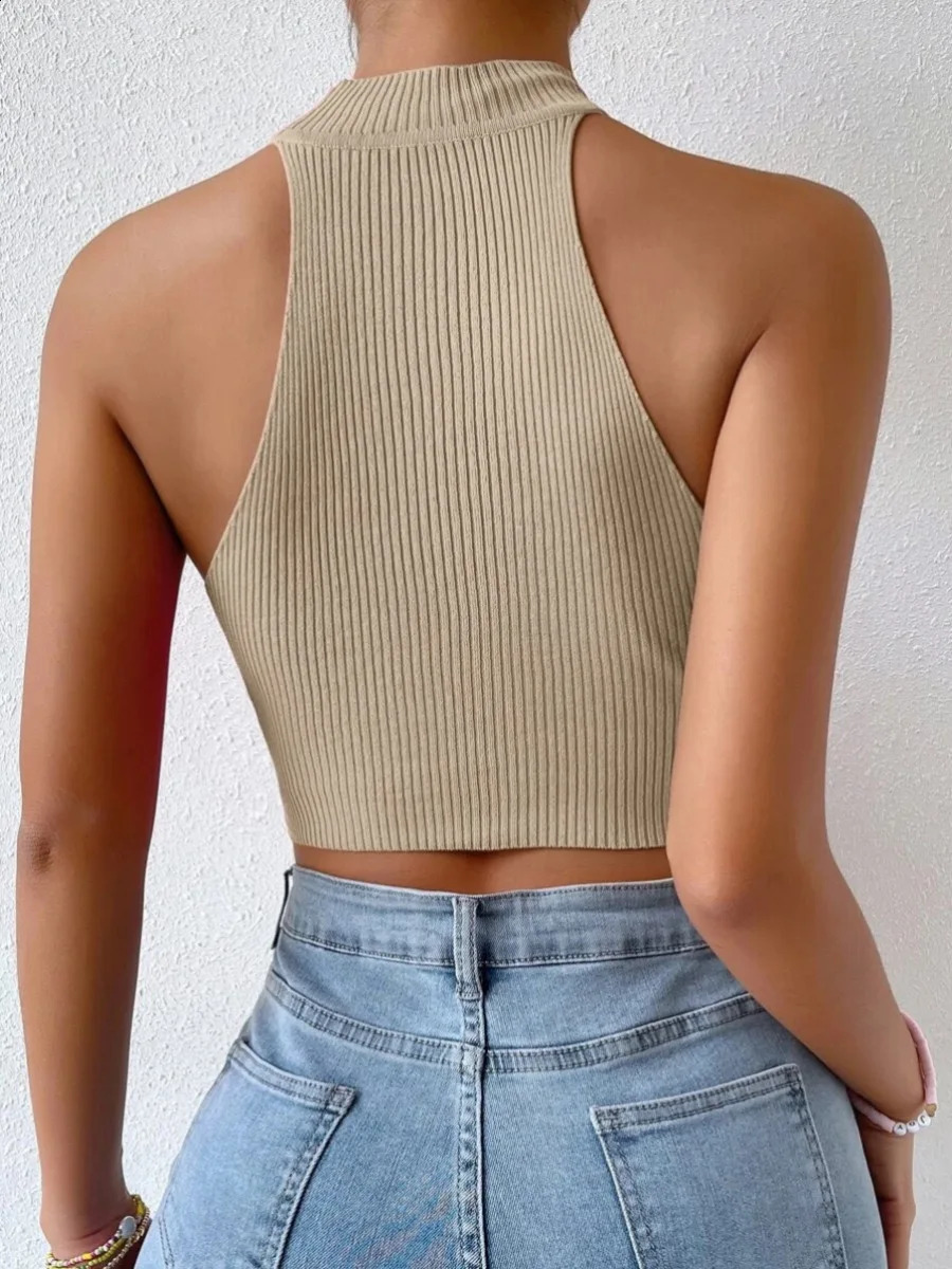 Knit Sleeveless Halter Tops for Women Basics Solid Slim Fitted Crop Womens Turtleneck Ribbed Vest Y2K High Neck Tank 250319