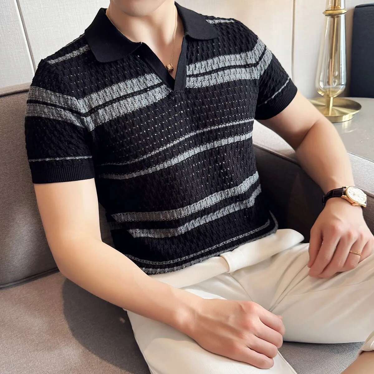 Advanced Design Striped Jacquard Short Sleeve V-Neck POLO Shirt Men's Summer New Trend Korean Hollow Breathable Knit T-Shirt