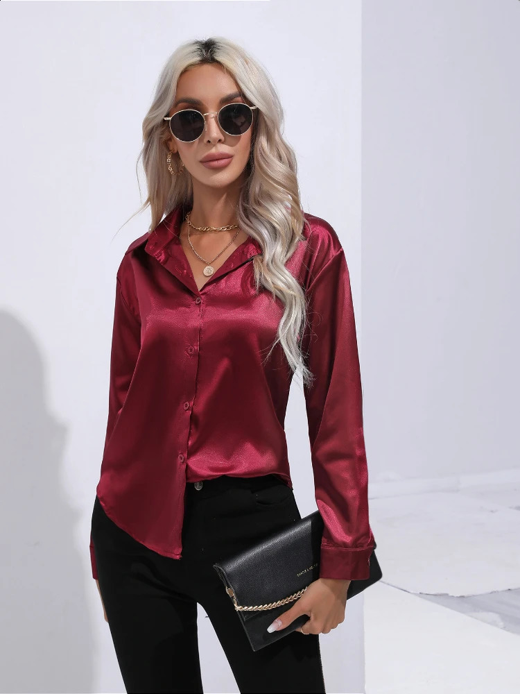 2024 Womens Fashion Trends Elegant Shirt Satin Silk Long Sleeve Summer 250319