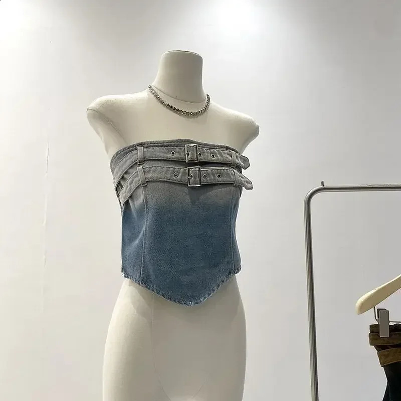 Irregular strapless vest with gradient washed denim top womens summer slim fit simple sexy top 250314