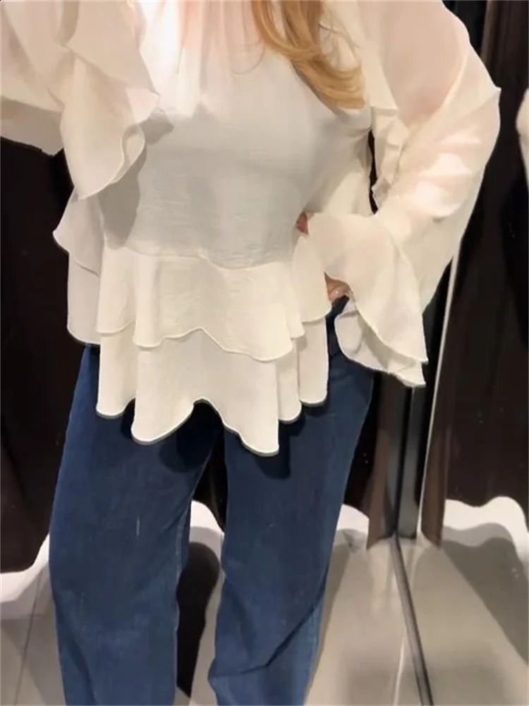 Casual Cascaded Ruffle Puff Sleeve Womens Loose Oneck White Top 2025 Spring Fashion Elegant Shirt 250319