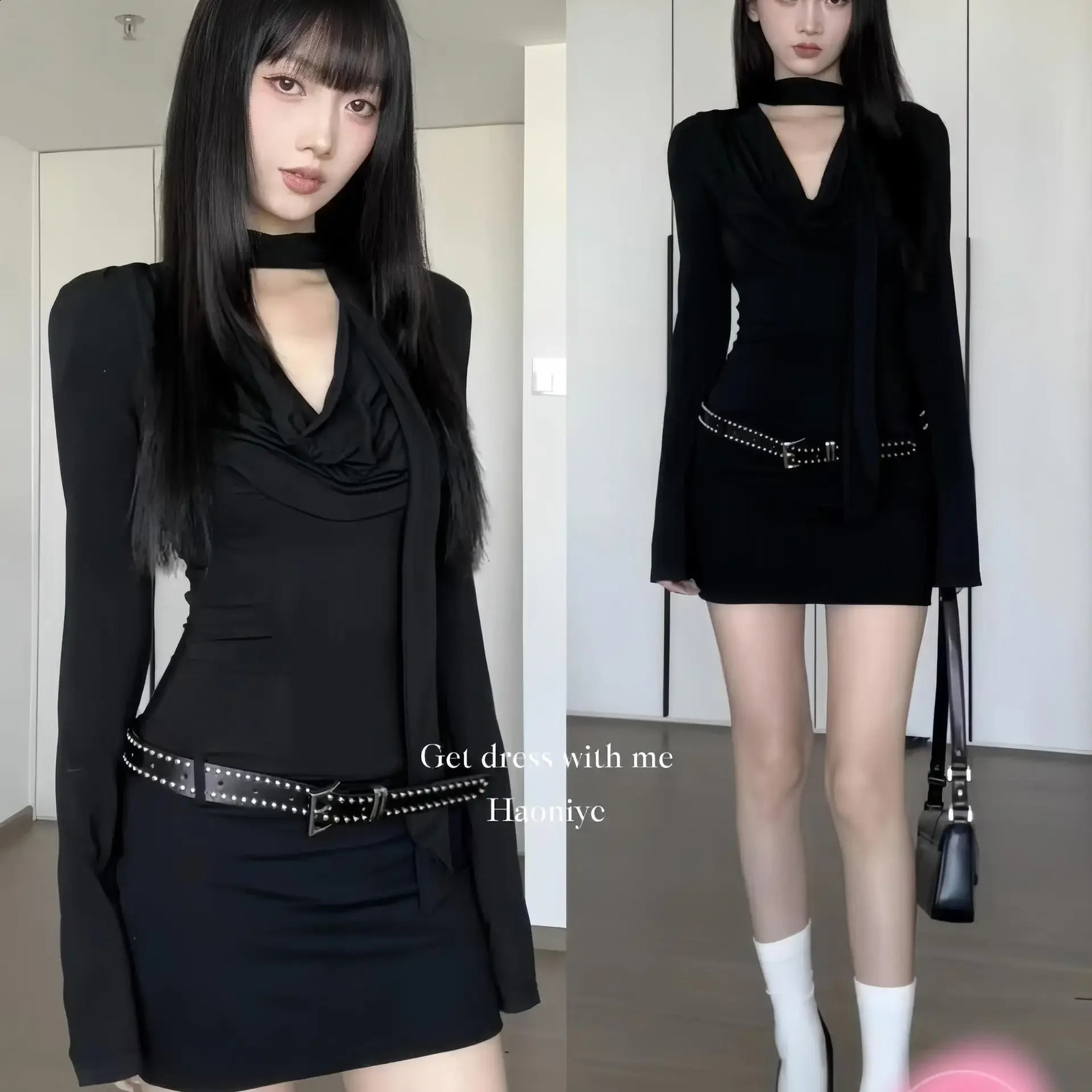 2025 Hepburn style black long sleeved womens dress with short body fashionable mini for autumn and winter sexy tight fitting 250319