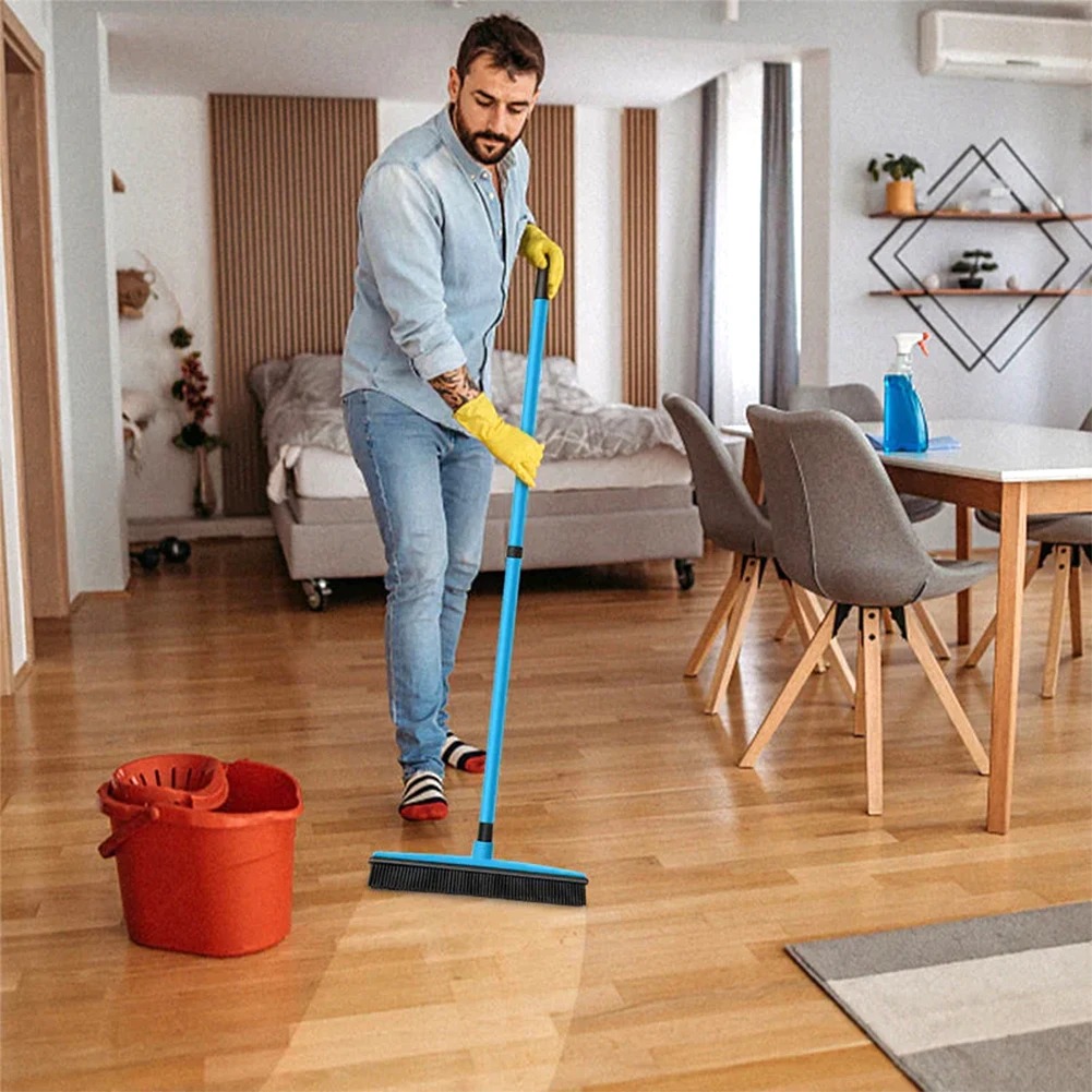 Multi-functional Pet Hair Removal Broom 3 Section Telescopic Adjustable Rubber Long Handle Cleaning Tool For Indoor Outdoor Home Floors