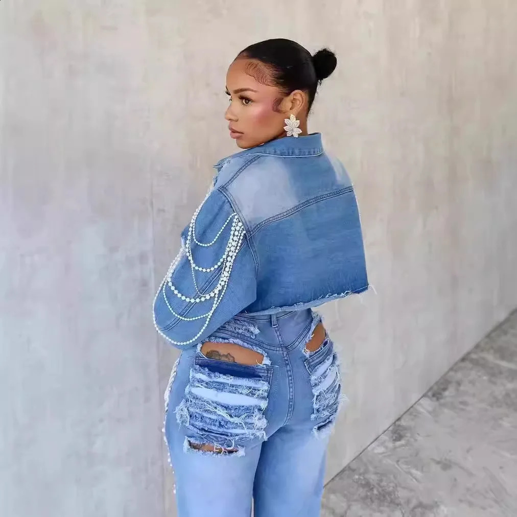 Womens Denim Coats Single Breasted Short Coat Casual Pearl Turn Down Collar Y2k Streetwear Jackets Punk Splice Jacket Elegant 250319