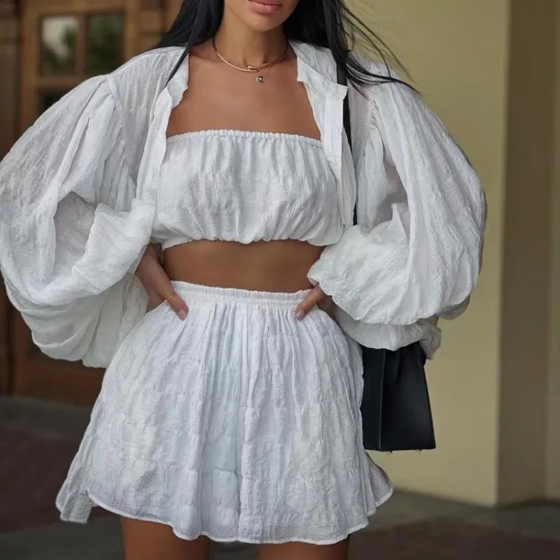 Summer Casual Loose Green 3 Piece Sets Women Outfit Fashion Long Sleeve Top Tube Top Matching High Waist Shorts Set 250319