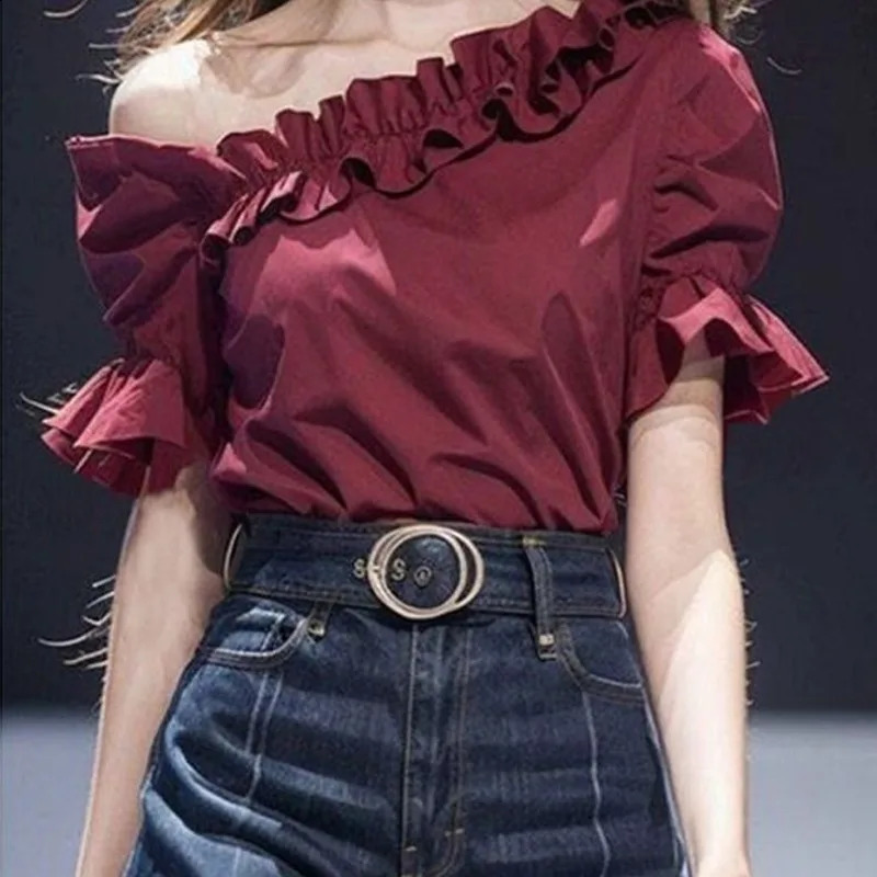 Elegant summer solid womens round neck shirt with pleated edges fashionable retro style fully matched ultrathin petal sleeve top 250318