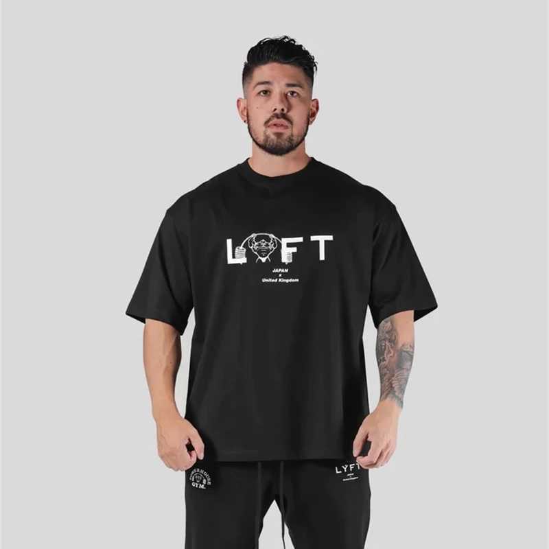 LYFT mens running sports cotton T-shirt fitness and bodybuilding loose print summer mens jogging training gym clothingT250318