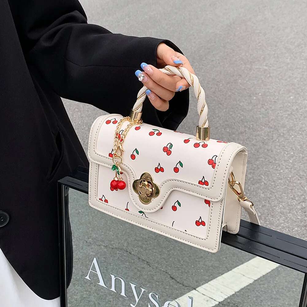 Women Shoulder Adjustable Strap Square Chain Versatile Cherry Pattern Sg Female Daily Commute Bag