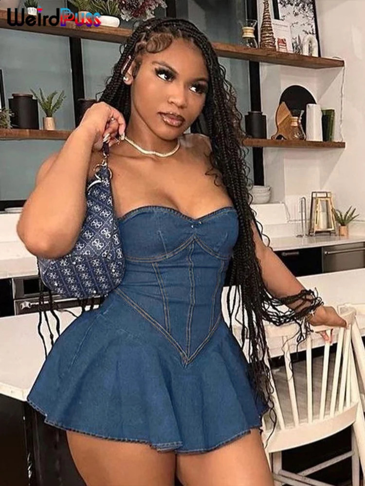 Weird Puss Denim Strapless Sexy Dress Women Summer Trend Skinny Hipster Fashion Concert Birthday Party Clubwear Y2K Bodycon 250319