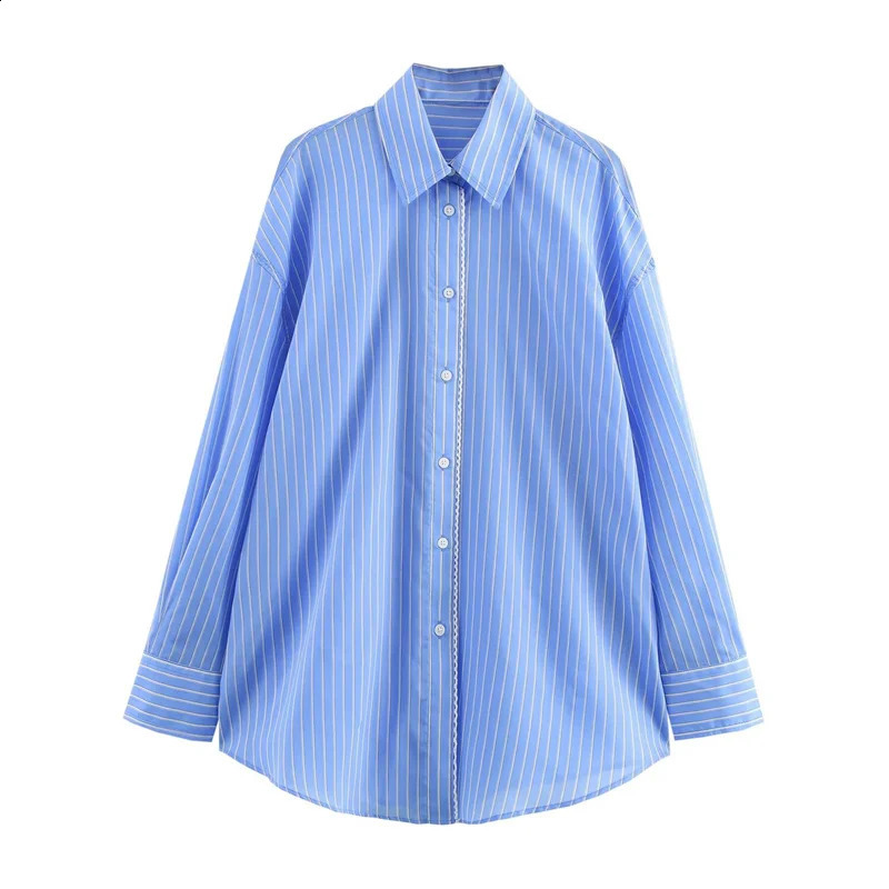 Womens Long sleeved Blue Striped Shirt Spring 2025 Office Casual Cutting Elegant Button Top 250319