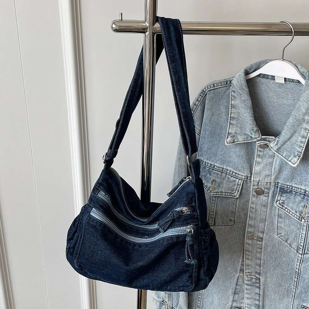 Women Denim Fashion Shoulder Adjustable Strap Casual Messenger Multi-Pockets Stylish Crossbody Outdoor Travel Bag