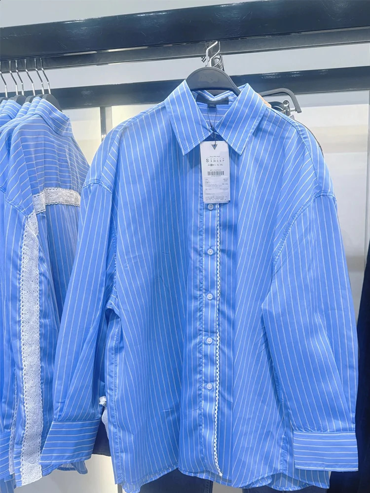 Womens Long sleeved Blue Striped Shirt Spring 2025 Office Casual Cutting Elegant Button Top 250319