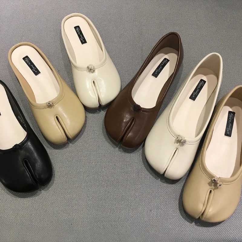 flats or ninja round split toe shallow women single shoes lazy slip slingback mules slides leather casual loafersXJ250319