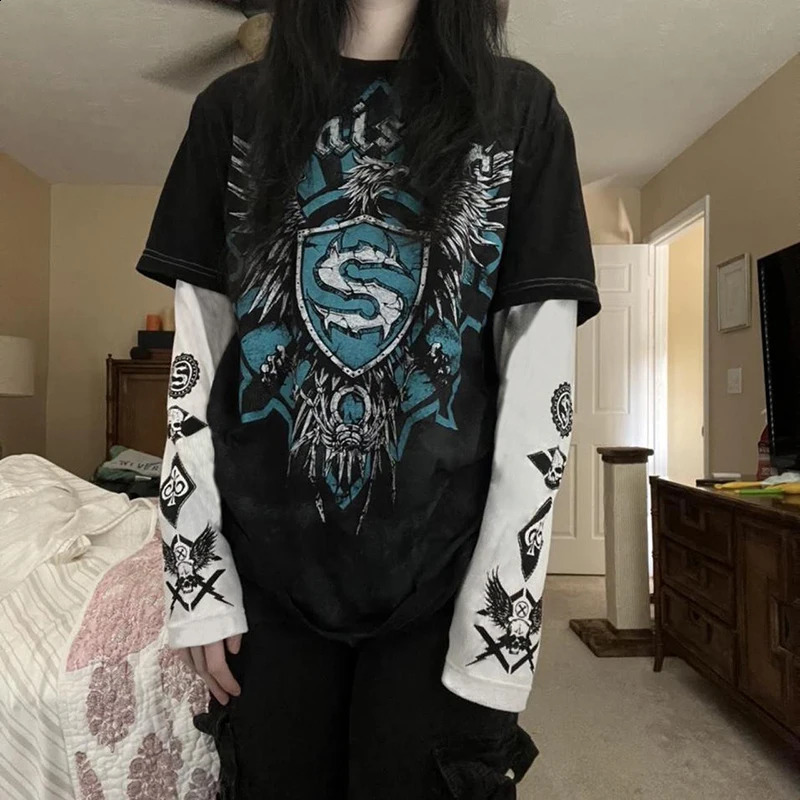 E-girl Gothic Grpahics Print T Shirt Vintage Grunge Mall Goth Pullovers Top Patchwork Long Sleeve Tees Y2K Dark Academia Clothes 250319