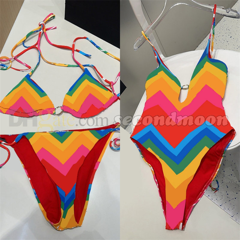 Rainbow Color Swimwear Women V Neck Swimsuit Designer Hot Spring Wear One Piece Bathing Suit Ladies Swimsuit