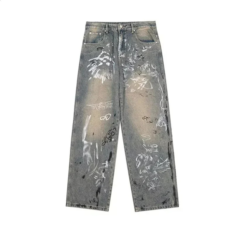 Graffiti Printed Baggy Jeans For Men Y2K Vintage Distressed Blue Harajuku Denim Pants High Street Straightleg Jean Trousers 250319