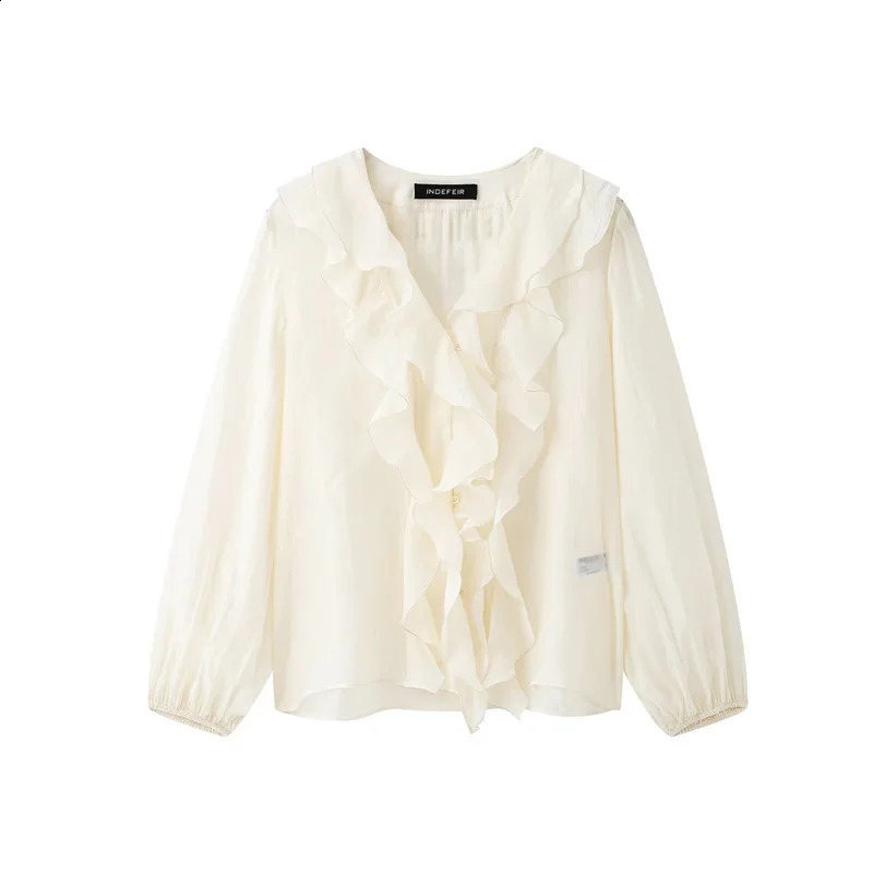 Spring Womens Ruffle Elegant Shirt and Long Sleeve Translucent Top 250318