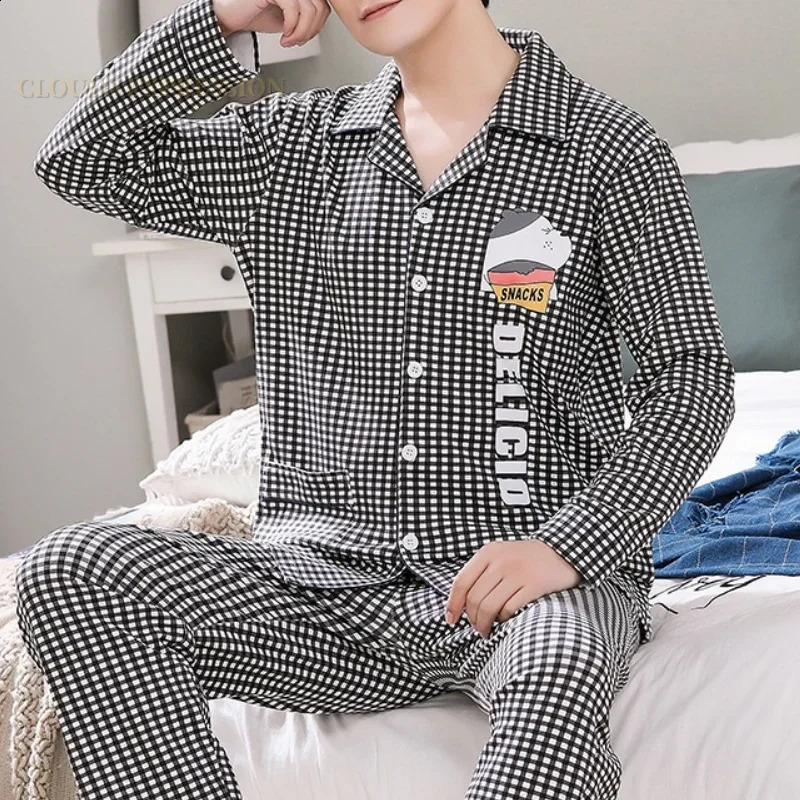 Spring two-piece pajamas cartoon duck print short sleeved mens pajamas set long pants pajamas casual pajamas 250317