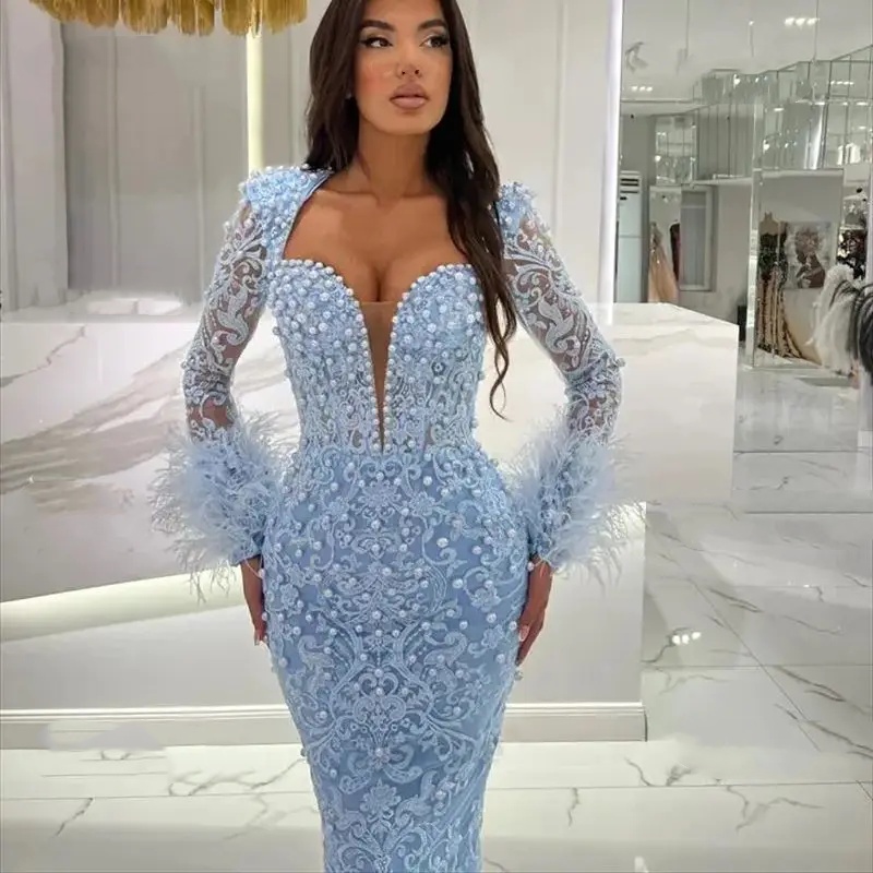 Vintage Evening Dresses For Women Sweetheart Neck Long Sleeves Gown Feather Beaded Sweep Train Party Customized Dress