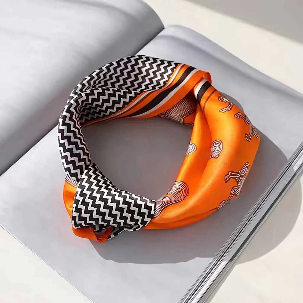 Orange striped horse square scarf natural silk scarf casual edition decorative small neck scarf X250319
