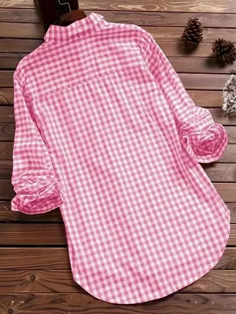 Plaid Womens Spring Fall Cotton Linen Long Sleeves Roll Up Striped Casual V Neck Button Down Shirts Blouses Collar Tunic Tops 250312