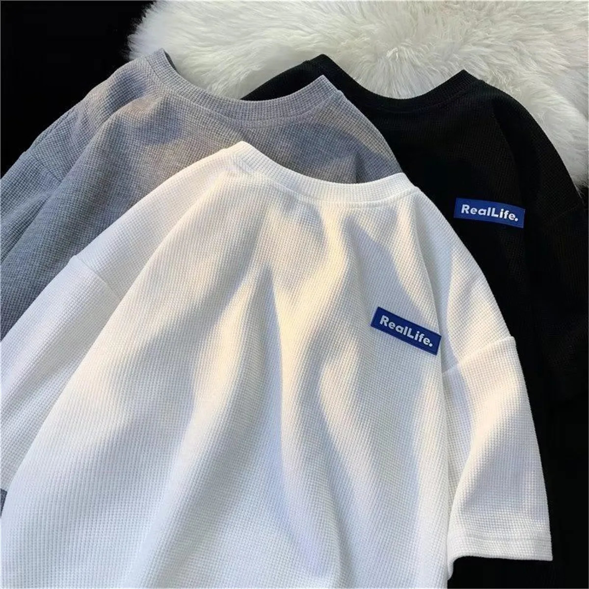 Fashion Waffle T-shirts For Men Basic Tee Casual T shirt Oversized Tops Quality Unisex Short Tshirts Tees Men Clothing 250319