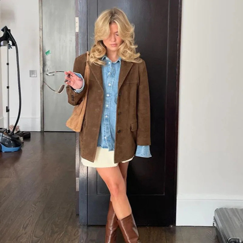 Retro brown jacket womens suede leather autumn fashion single chest lapel loose Coats Street Office 250319
