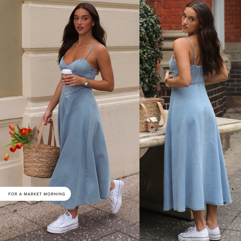 Wind 2025 Summer Women's New Product: Sleeveless Strap, Skinny Imitation Cowboy Dress